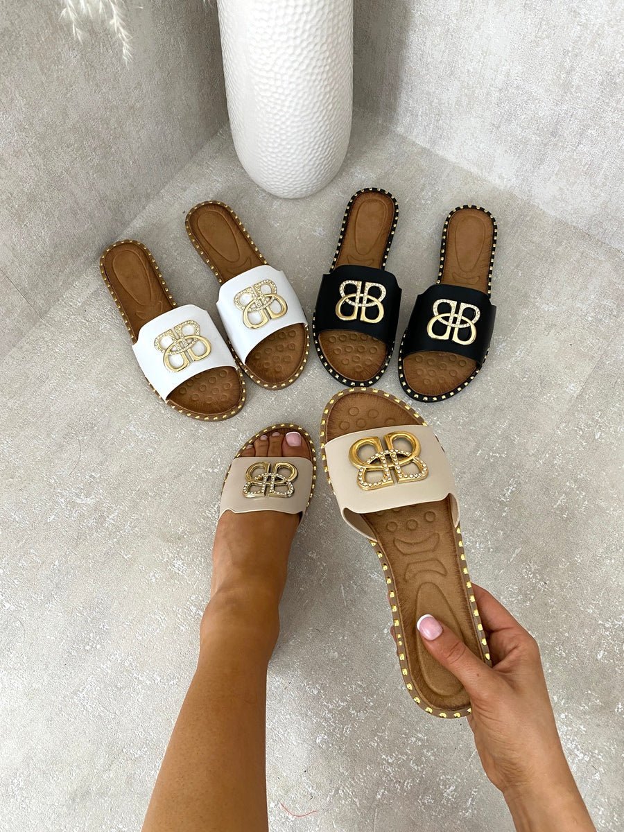 ABBY Sparkle Buckle Gold Studded Flat Sandals - Glamoo - 