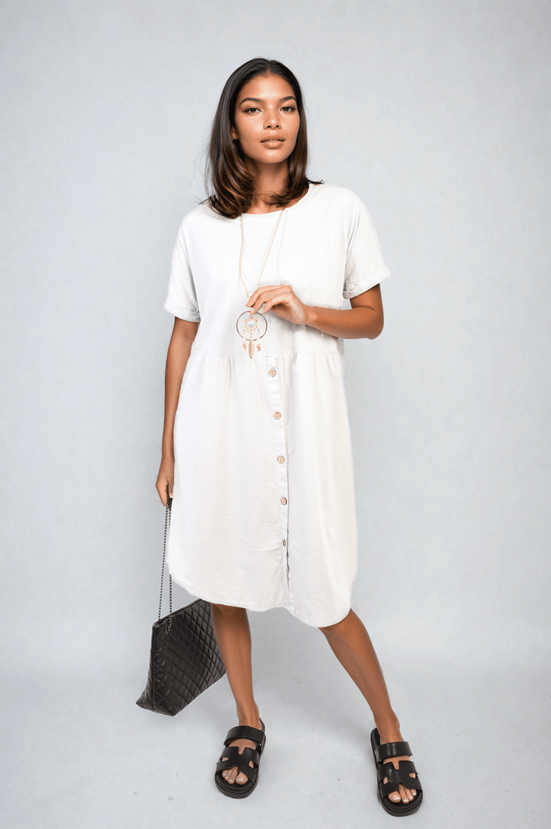 AILEEN Short Sleeve Button Front Midi Dress - Glamoo - 