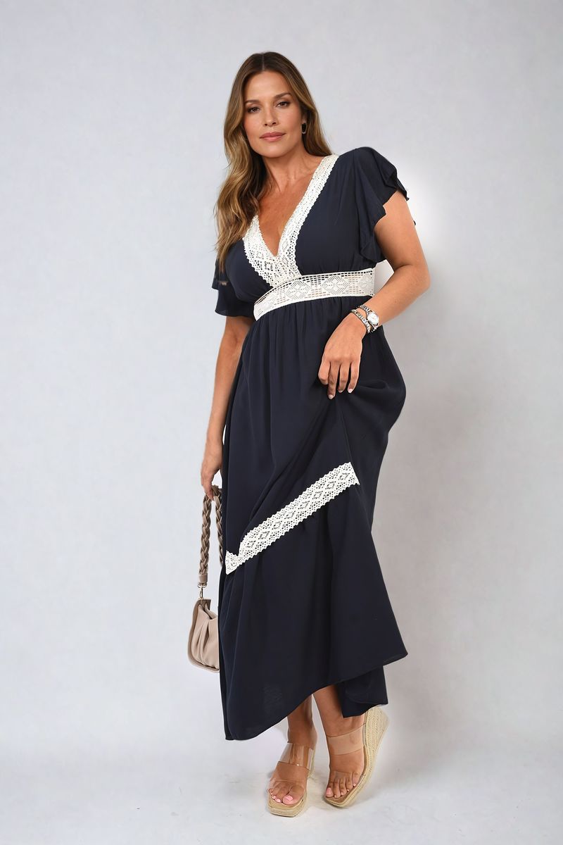 ALEJANDRA V - neck Lace Trim Maxi Dress - Glamoo - 