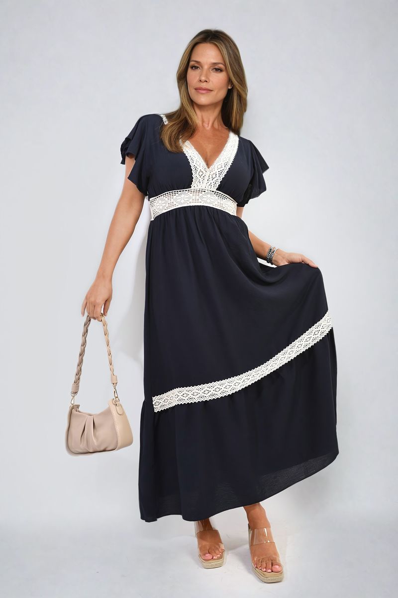 ALEJANDRA V - neck Lace Trim Maxi Dress - Glamoo - 