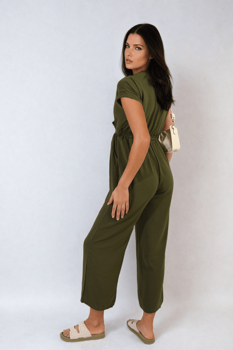 ALESSANDRA Belted V Neck Jumpsuit with Side Pockets - Glamoo - 