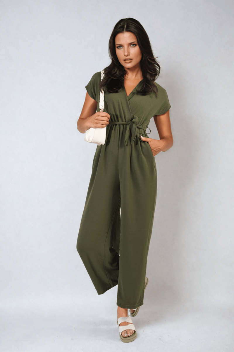 ALESSANDRA Belted V Neck Jumpsuit with Side Pockets - Glamoo - 