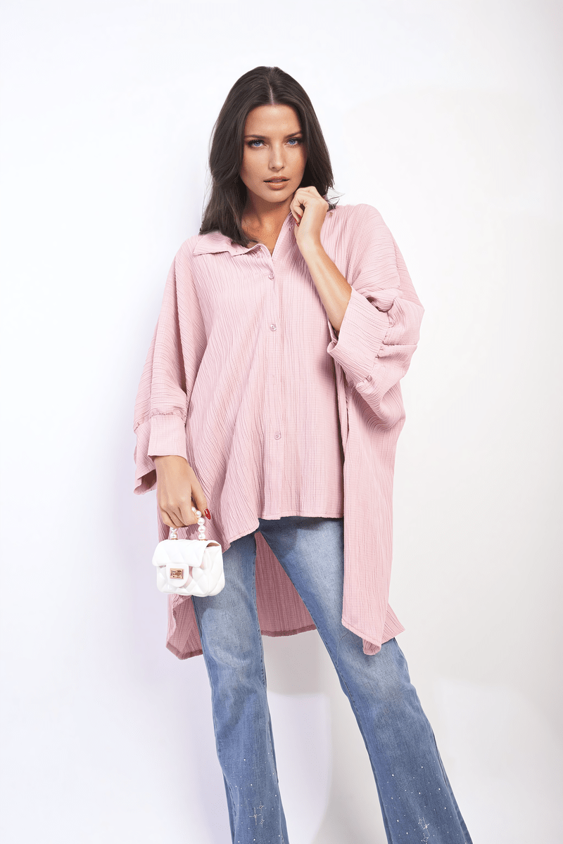 ANGELA Oversized Long Sleeve Button Front Top - Glamoo - 