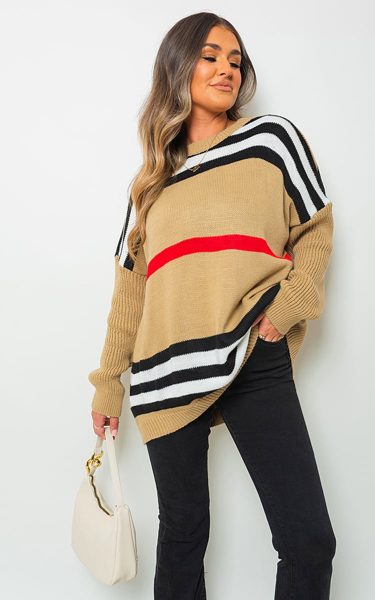 AVA Oversized Striped Long Sleeve Knitted Jumper - Glamoo - 