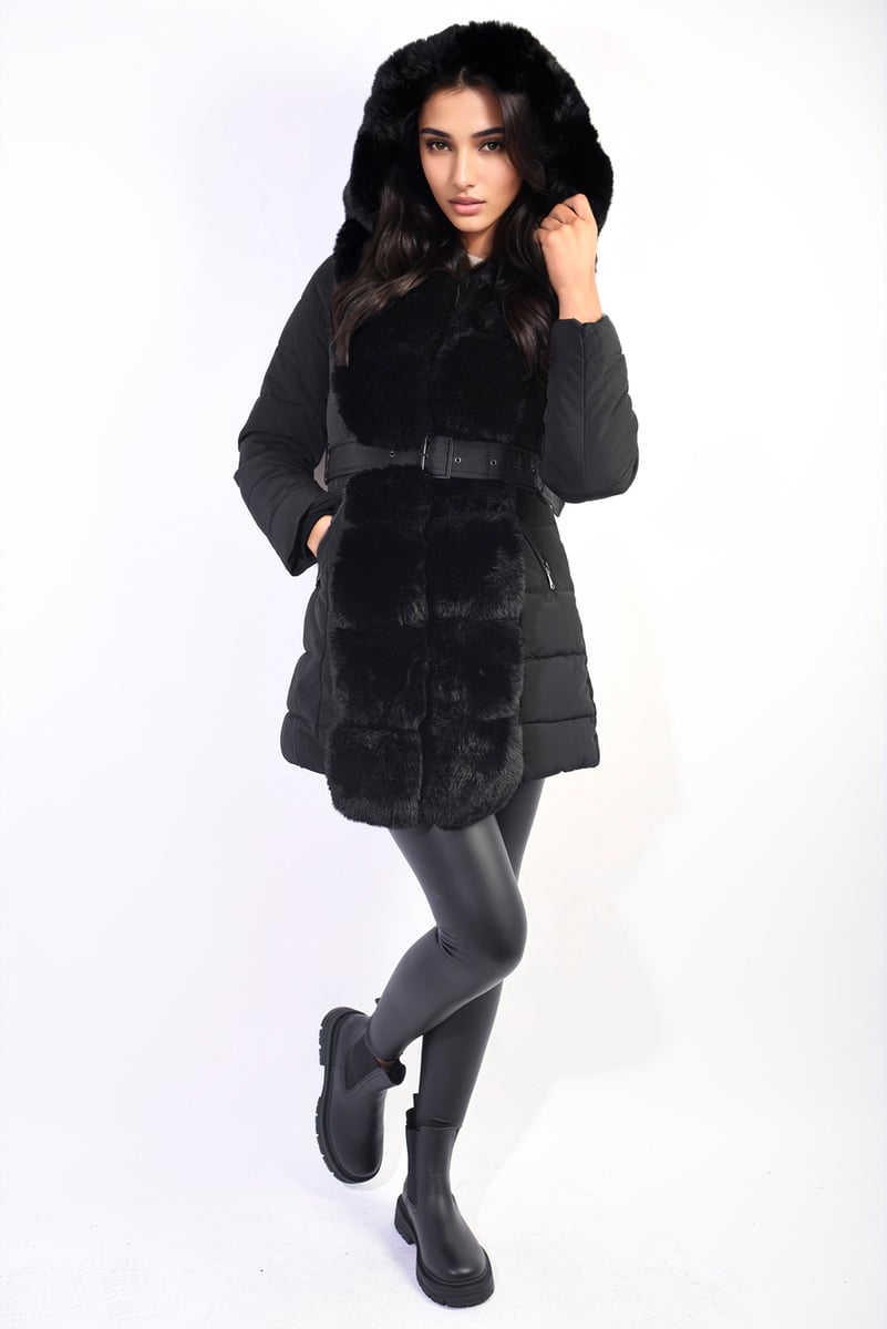 BRIDGET Padded Faux Fur Trim Longline Coat - Glamoo - 