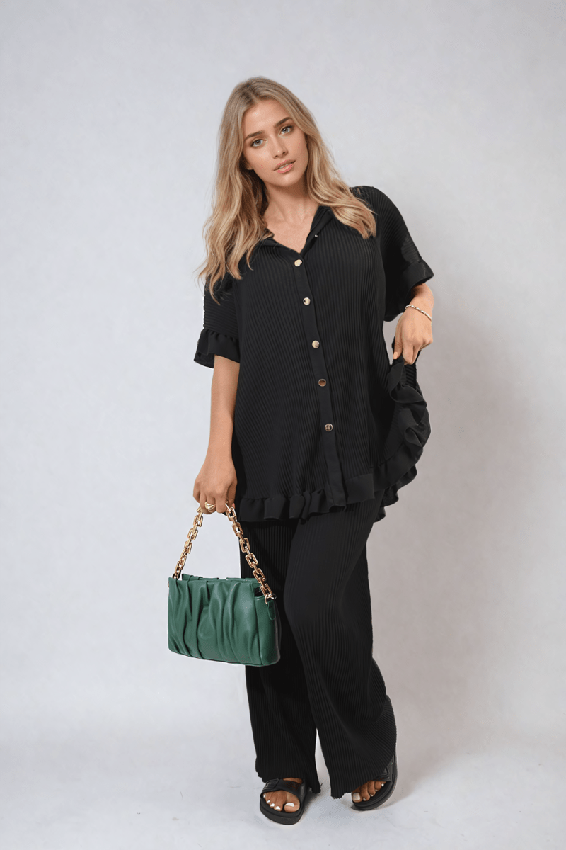 Button Pleated Frill Ruffle Top and Wide Leg Trouser Co - ord Set - Glamoo - 