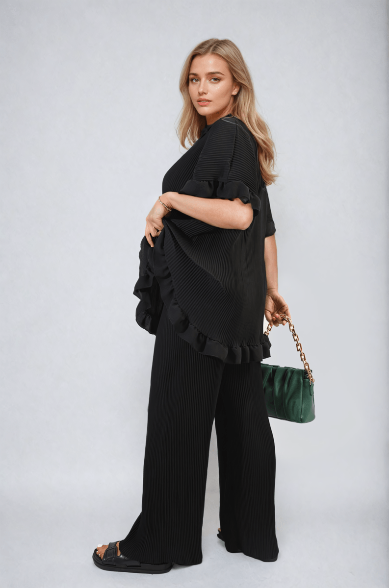 Button Pleated Frill Ruffle Top and Wide Leg Trouser Co - ord Set - Glamoo - 