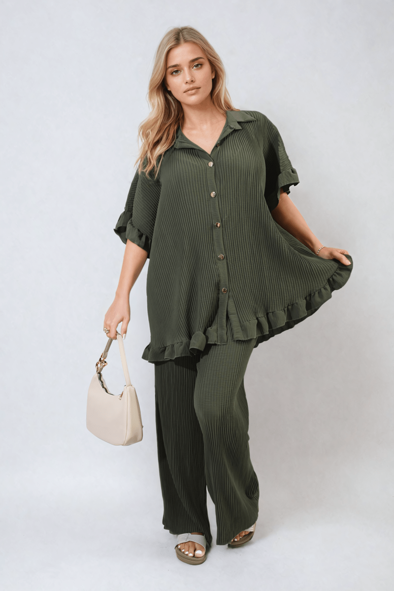 Button Pleated Frill Ruffle Top and Wide Leg Trouser Co - ord Set - Glamoo - 