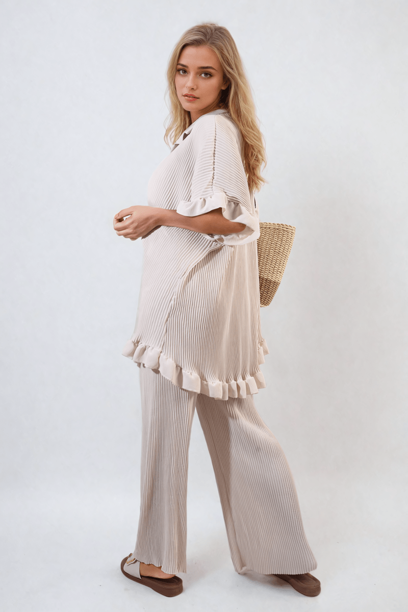 Button Pleated Frill Ruffle Top and Wide Leg Trouser Co - ord Set - Glamoo - 