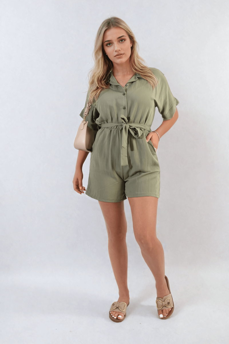 Buttoned Tie Waist Romper - Glamoo - 