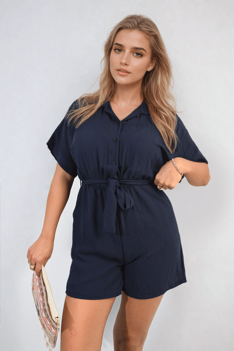 Buttoned Tie Waist Romper - Glamoo - 