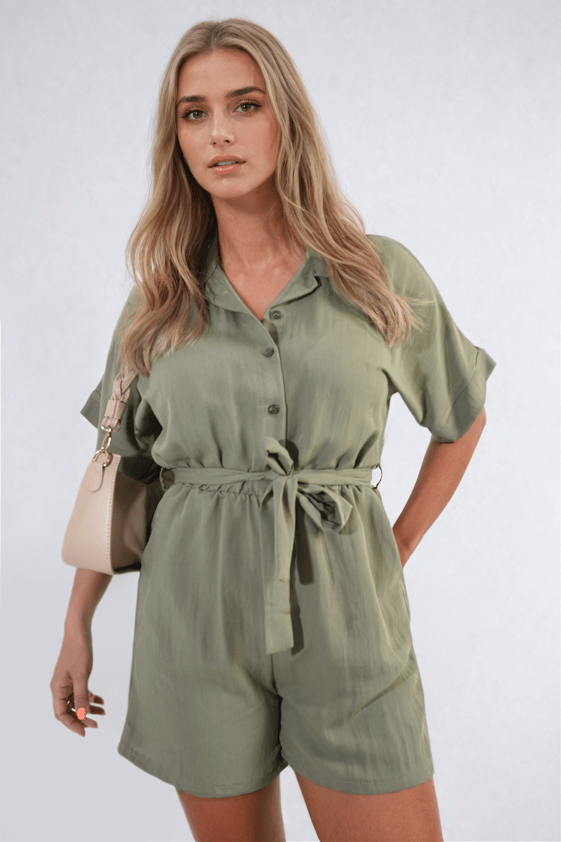 Buttoned Tie Waist Romper - Glamoo - 