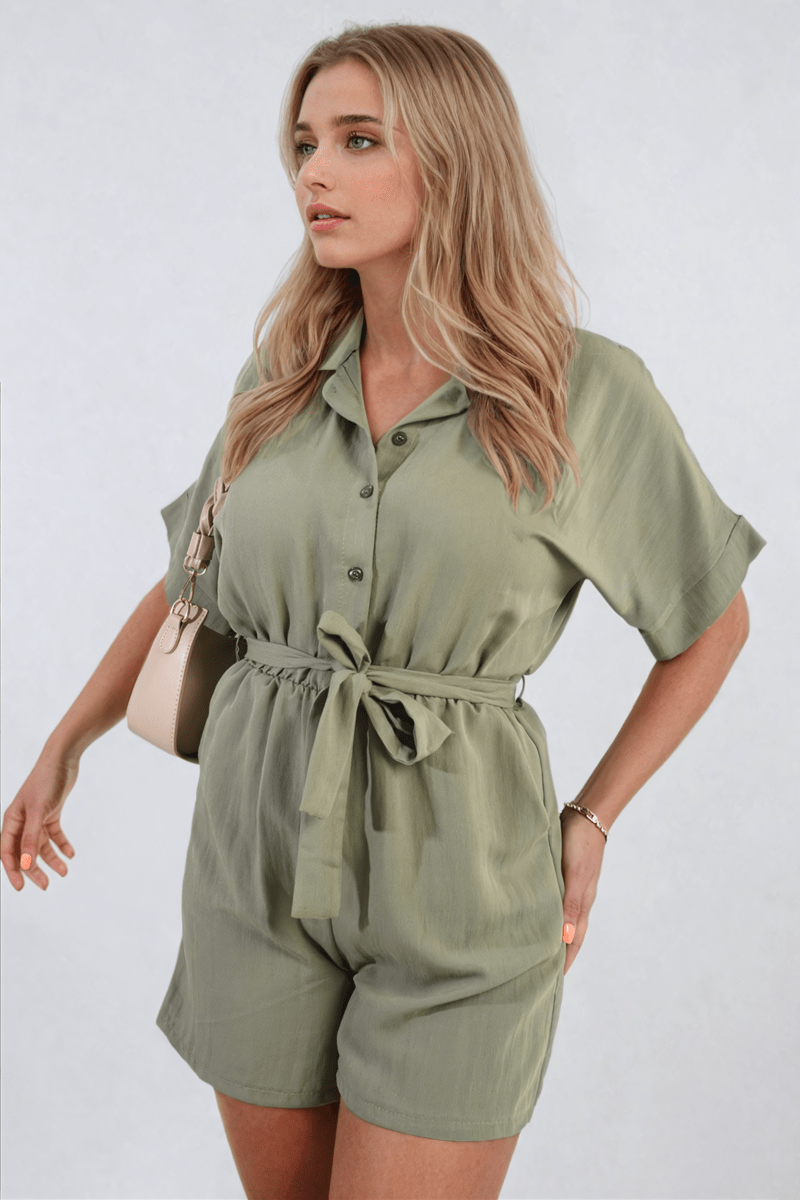 Buttoned Tie Waist Romper - Glamoo - 