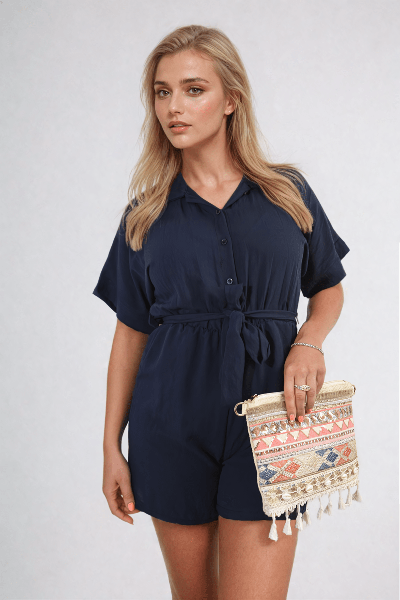 Buttoned Tie Waist Romper - Glamoo - 