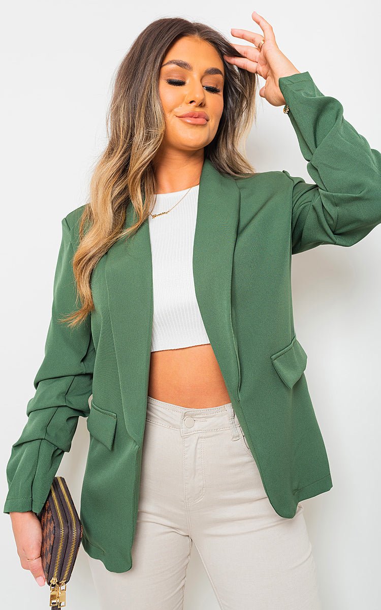 CAITLIN Ruched Sleeve Casual Blazer With Side Pockets - Glamoo - 