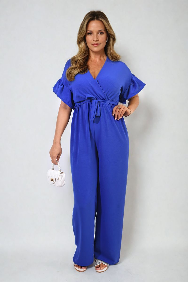 CHRISTINA Wrap Over Tie Belt Frill Sleeve Jumpsuit - Glamoo - 