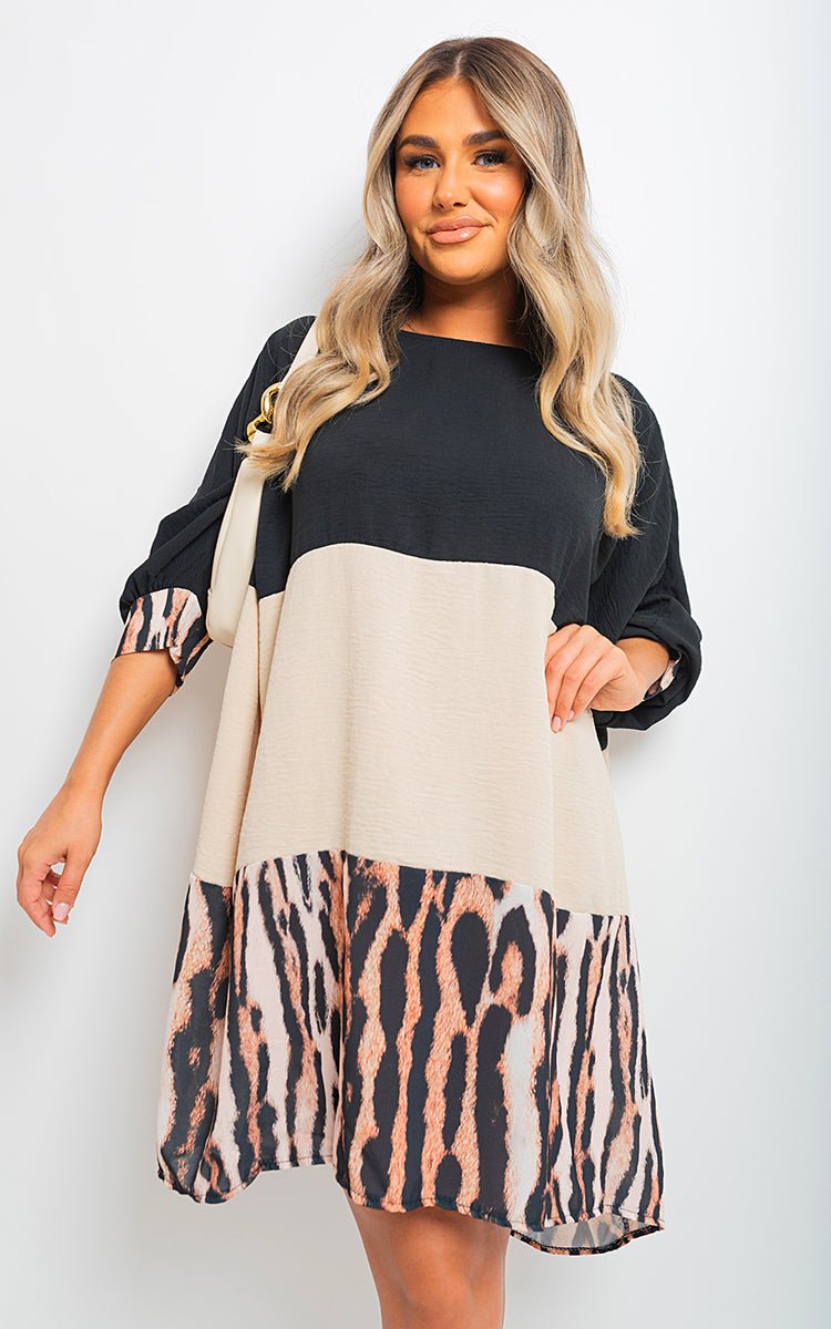 CLARE Long Sleeve Leopard Trim Print Oversized Mini Dress - Glamoo - 