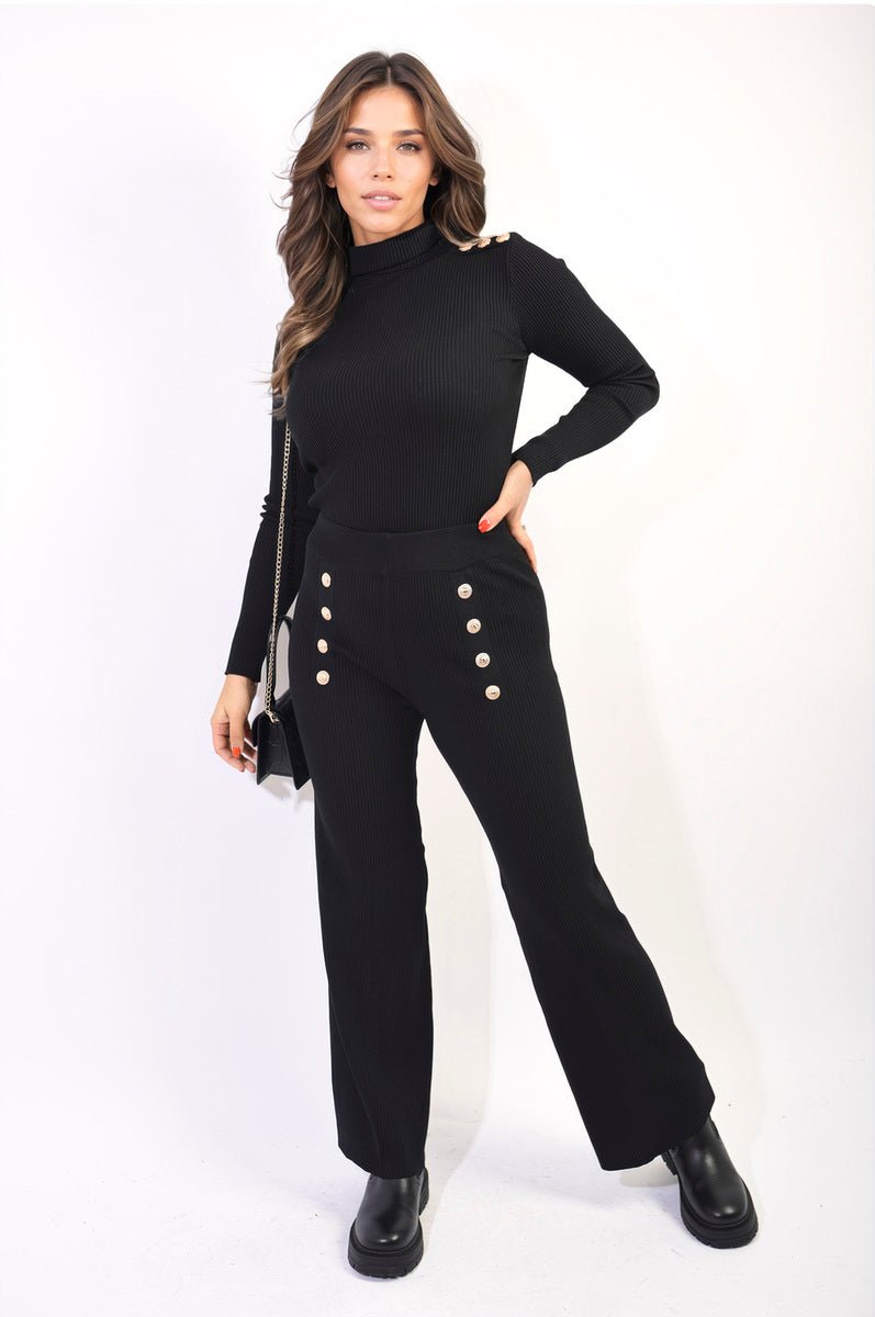 DIANA Knitted High Neck Long Sleeve Top & Wide Leg Trouser Co - ord Set - Glamoo - 