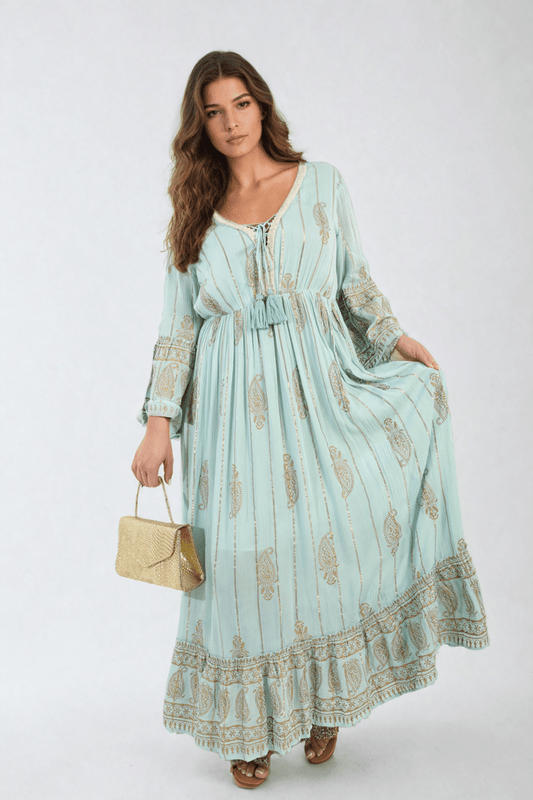 Embellished Boho Flounce Sleeve Maxi Dress - Glamoo - 