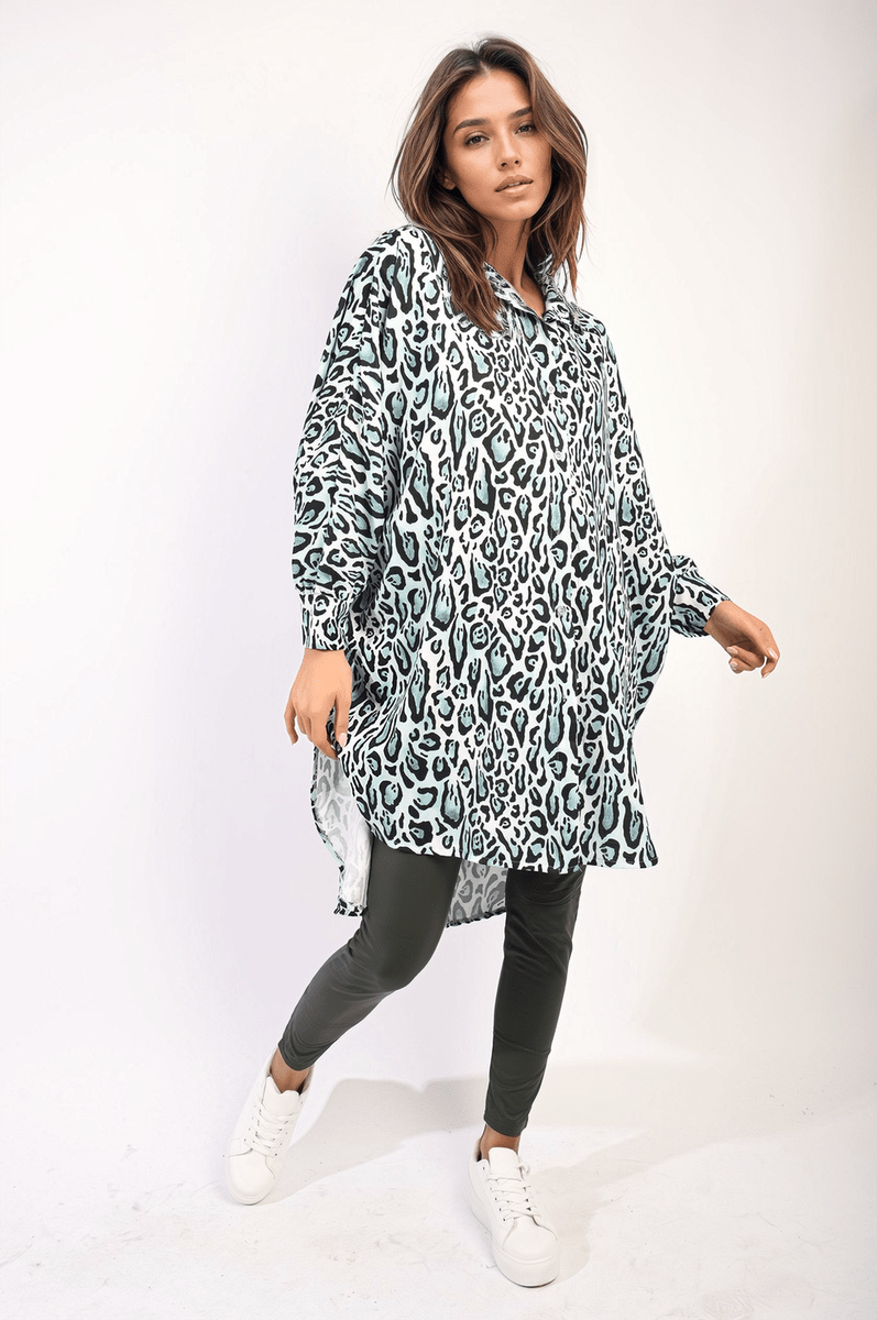 EMELIA Oversized Long Sleeve Leopard Print Shirt Dress - Glamoo - shirts & tops