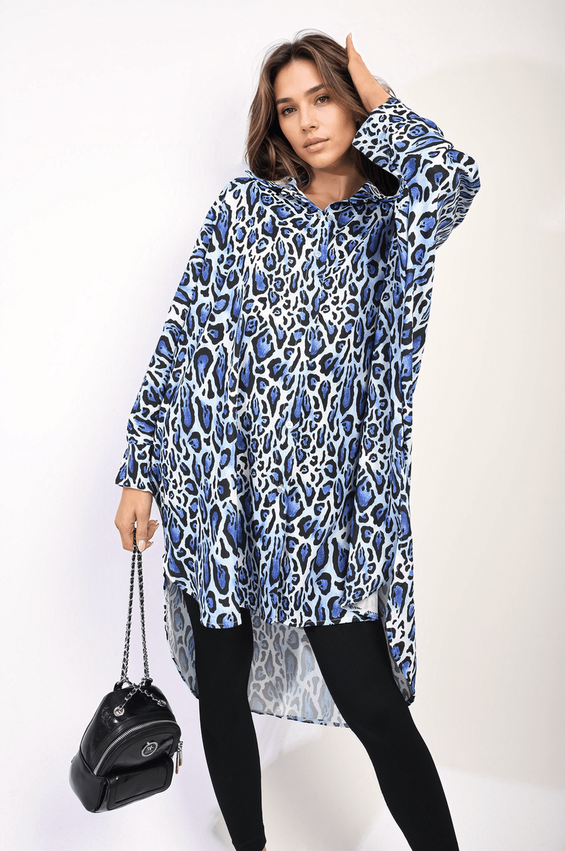 EMELIA Oversized Long Sleeve Leopard Print Shirt Dress - Glamoo - shirts & tops