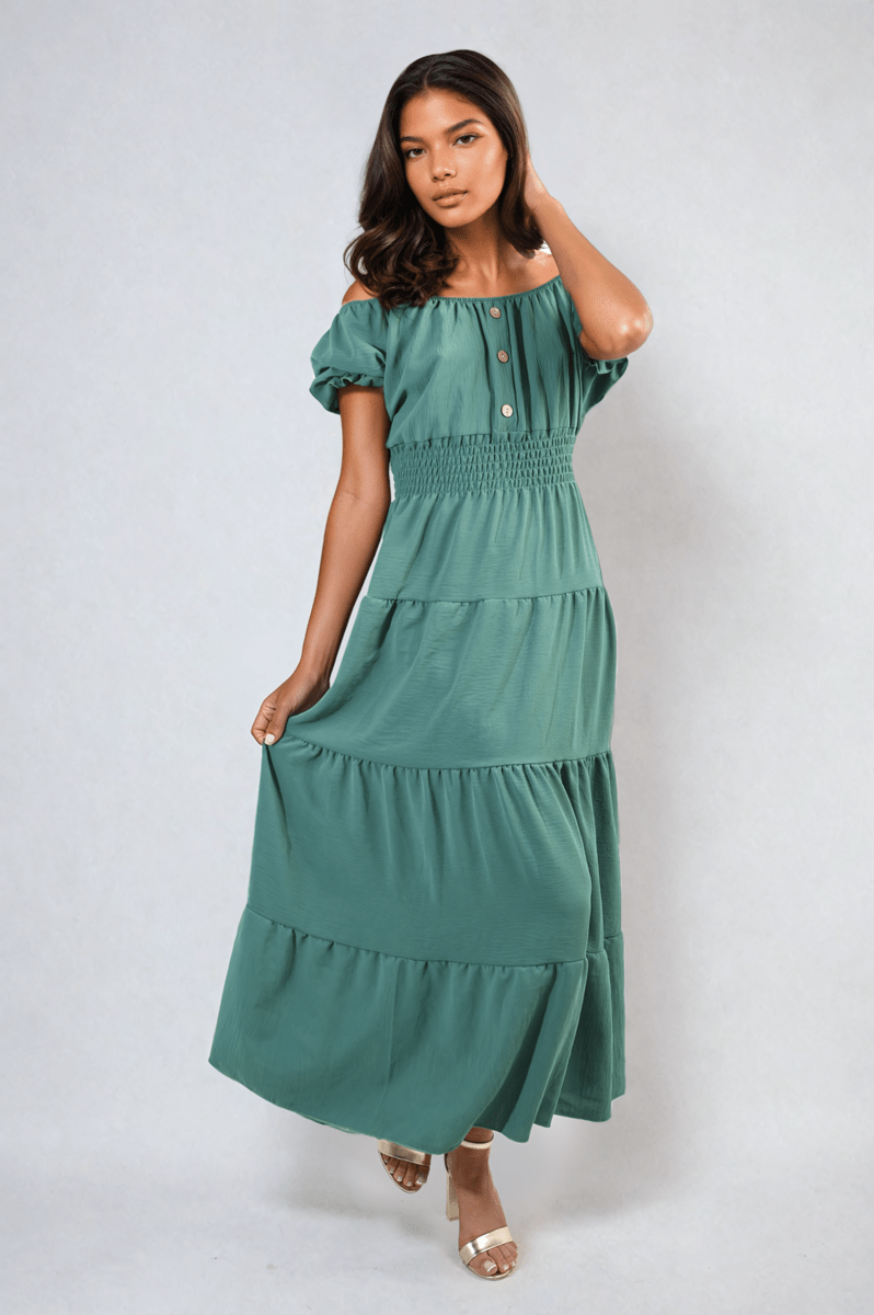 EMMY Smocked Waist Tiered Midi Dress - Glamoo - 