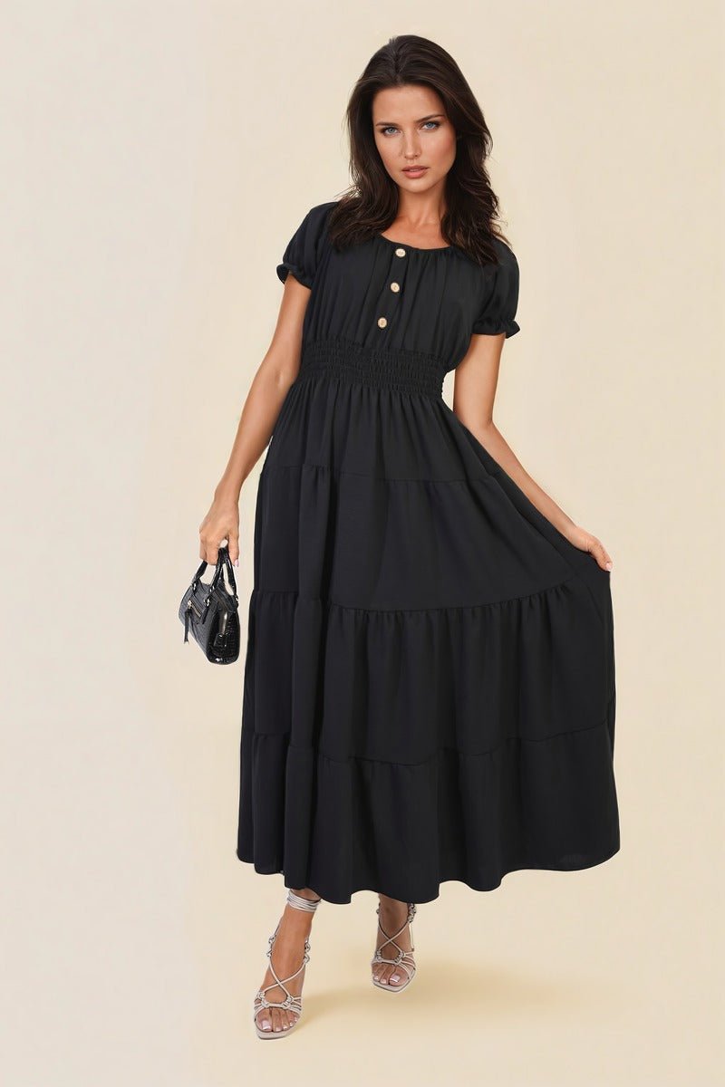 EMMY Smocked Waist Tiered Midi Dress - Glamoo - 