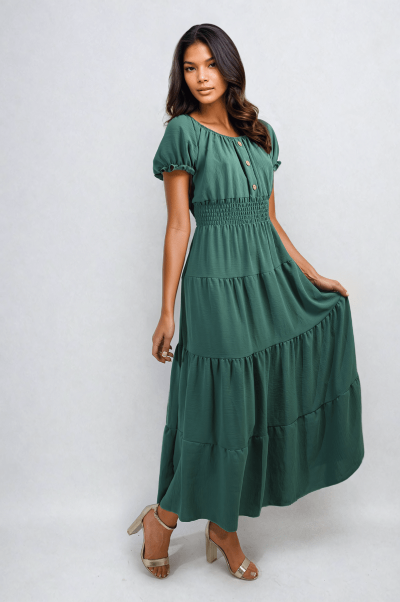 EMMY Smocked Waist Tiered Midi Dress - Glamoo - 