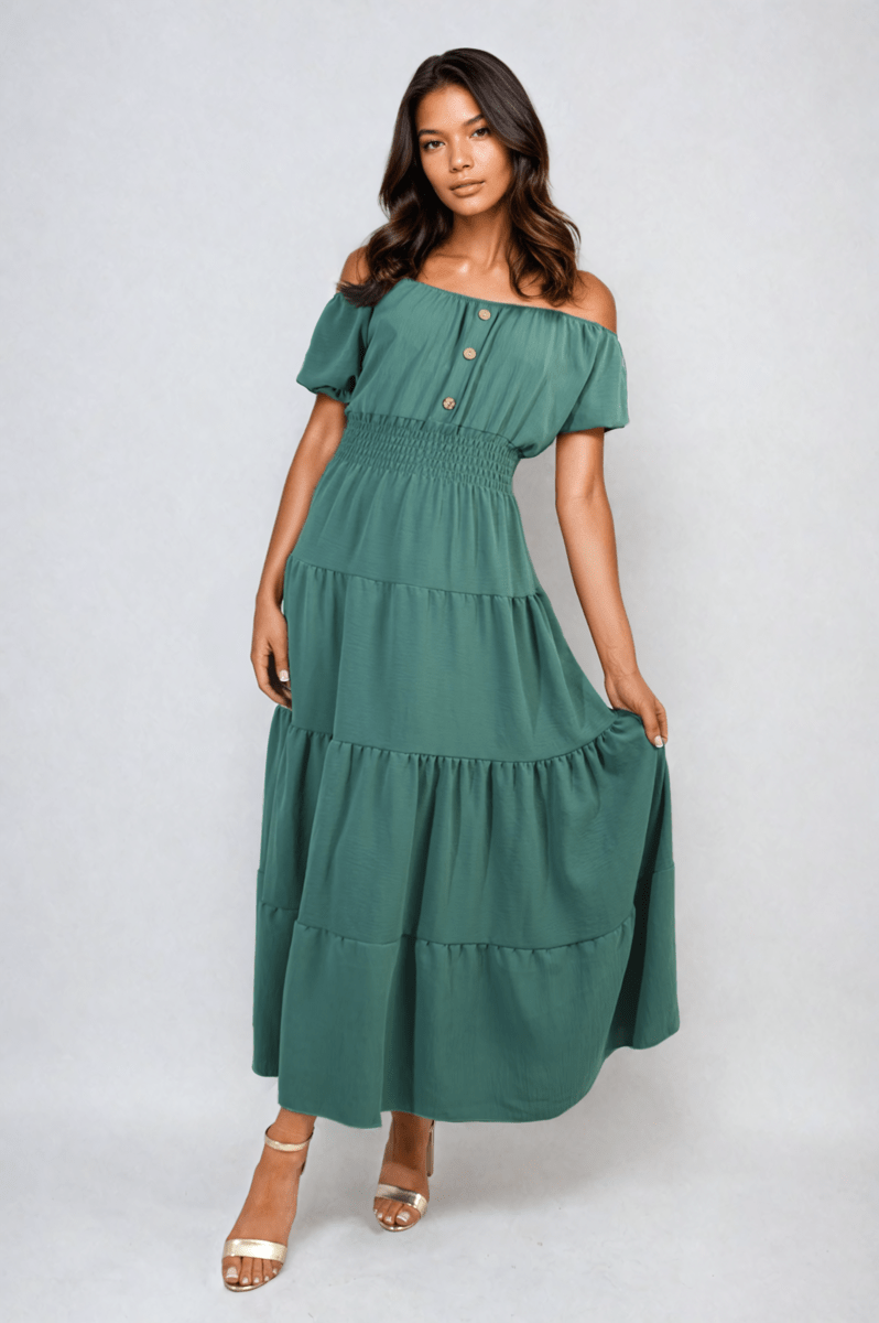 EMMY Smocked Waist Tiered Midi Dress - Glamoo - 