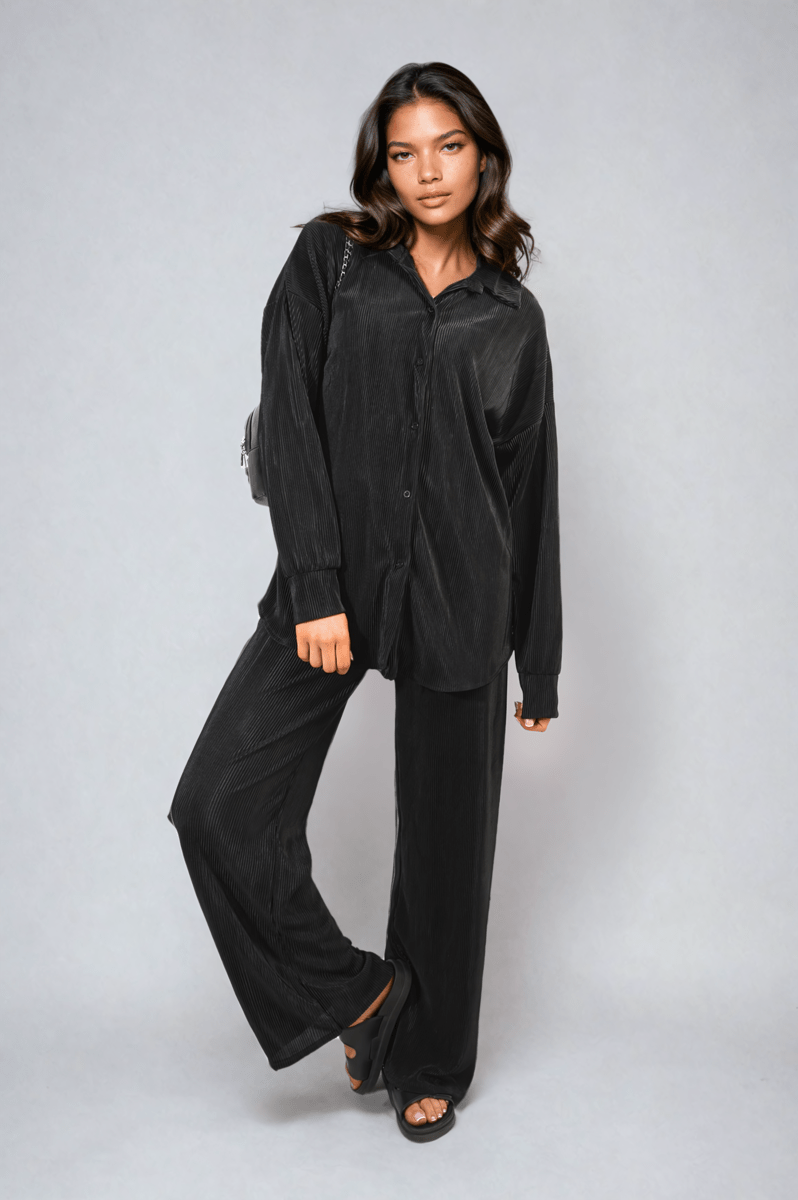 ESTRELLA Plisse Button Front Oversized Shirt and Trouser Co - ord Set - Glamoo - 