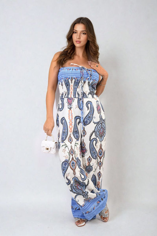 FINLEY Shirred Strapless Printed Jumpsuit - Glamoo - 