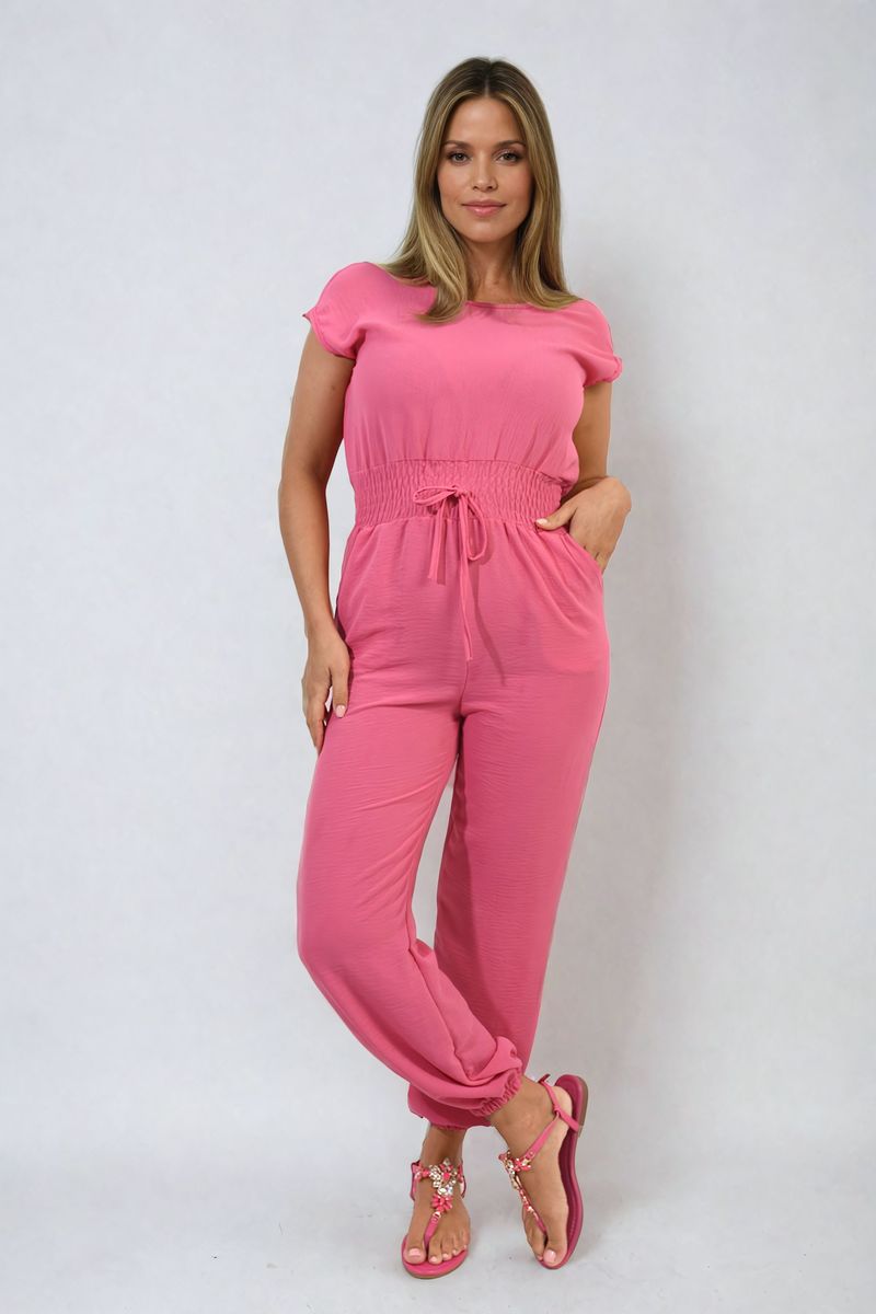 FLORENCE Short Sleeve Cinched Waist Jumpsuit - Glamoo - 