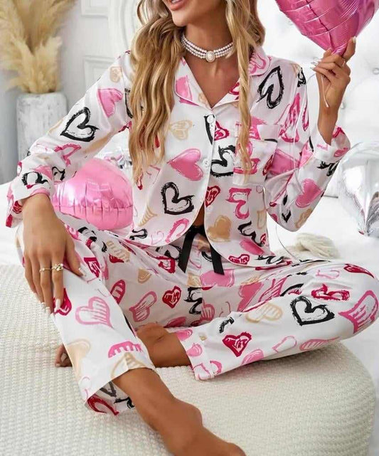 Heart Print Long Sleeve Button Top & Pants Pyjamas Set - Glamoo -