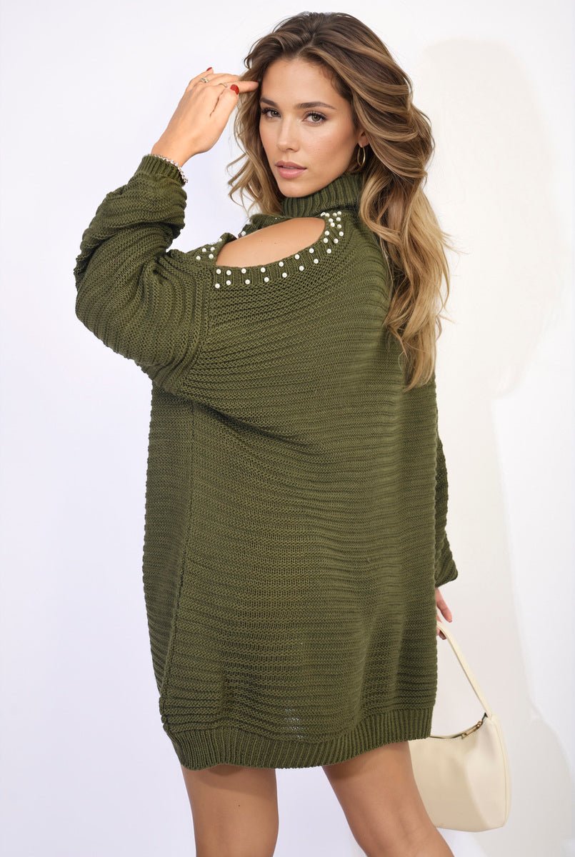 High Neck Oversized Open Shoulder Long Sleeve Knitted Jumper - Glamoo -