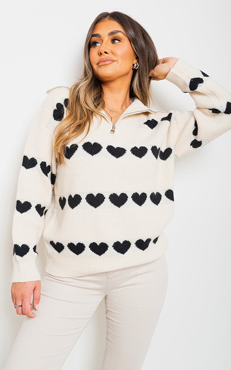 ADELE Heart Prints Zip High Neck Knitted Jumper