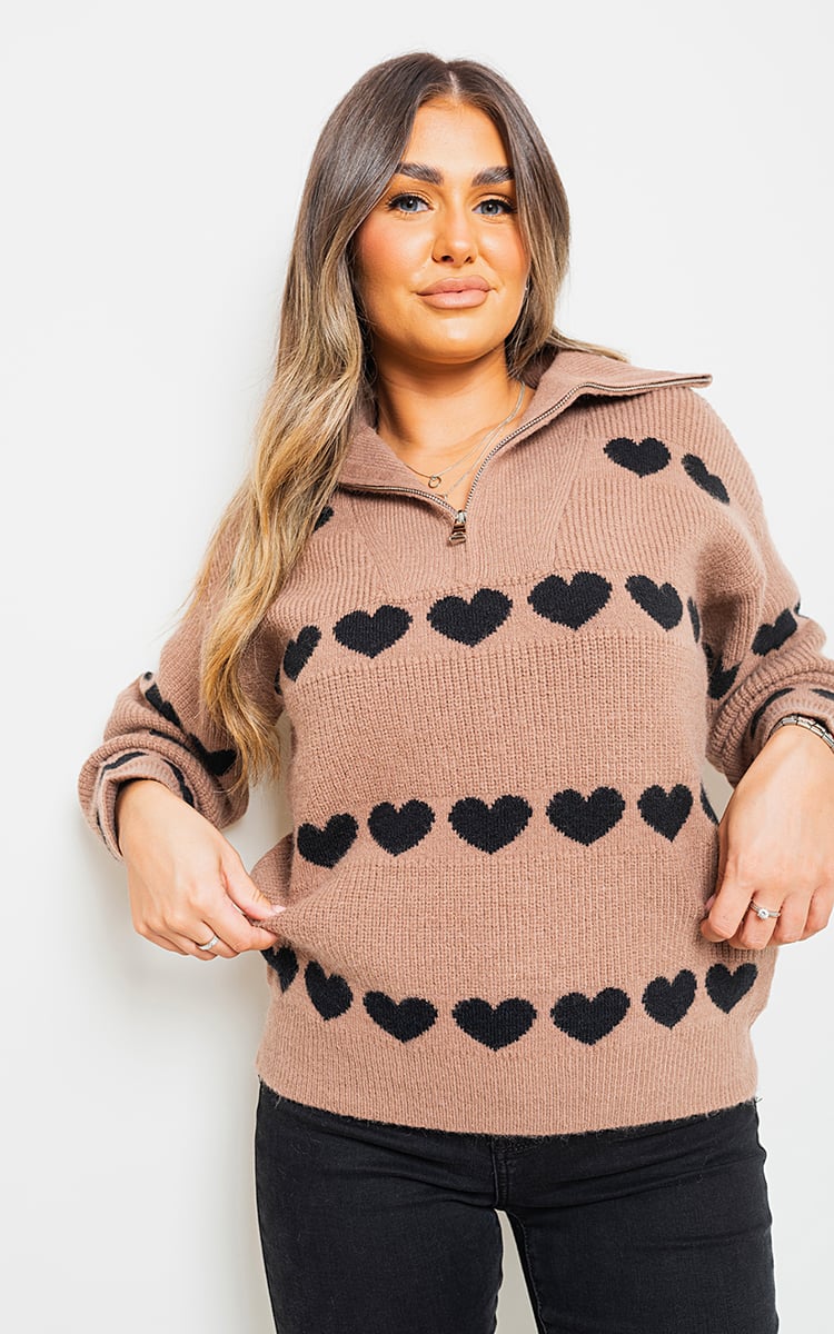 ADELE Heart Prints Zip High Neck Knitted Jumper