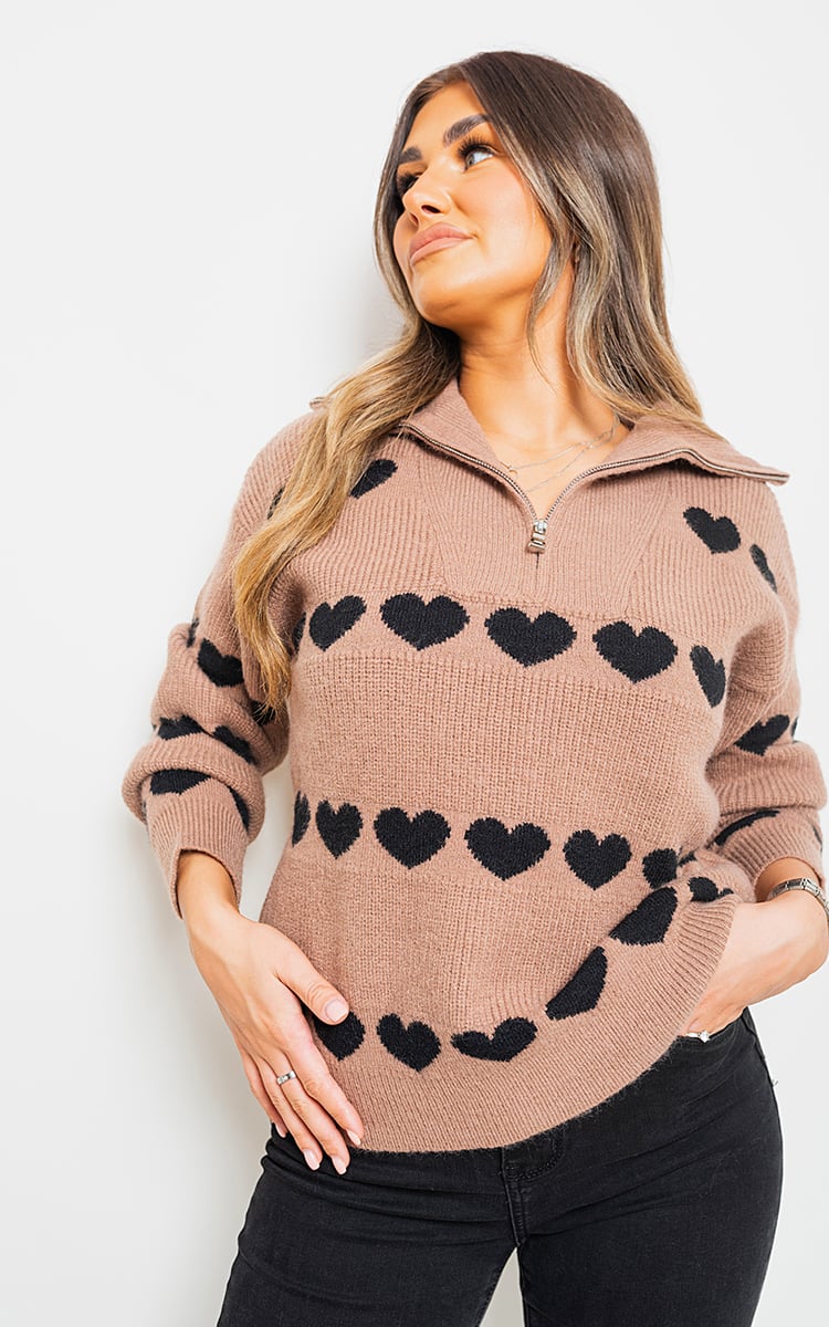 ADELE Heart Prints Zip High Neck Knitted Jumper