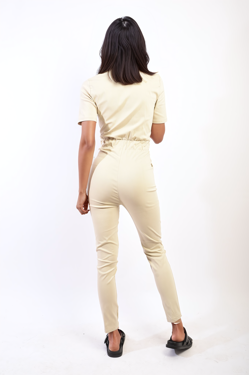 ADELINE Collared V-Neckline Zip Up with Tie Belt Jumpsuit