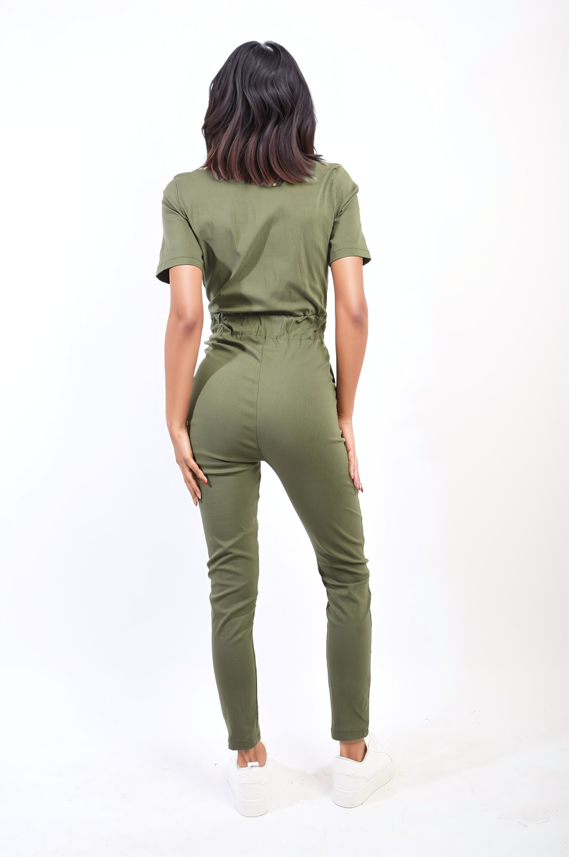 ADELINE Collared V-Neckline Zip Up with Tie Belt Jumpsuit