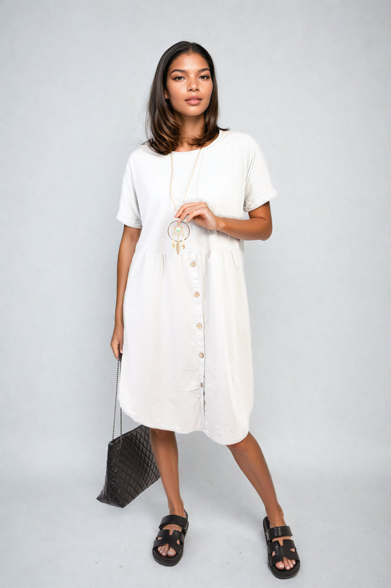 AILEEN Short Sleeve Button Front Midi Dress