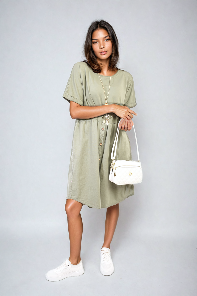 AILEEN Short Sleeve Button Front Midi Dress