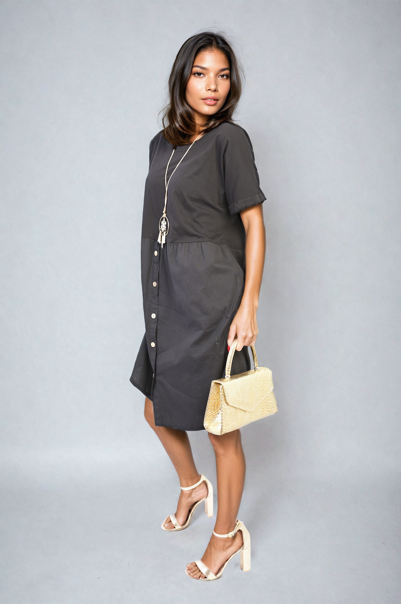 AILEEN Short Sleeve Button Front Midi Dress