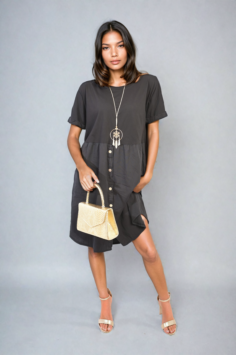 AILEEN Short Sleeve Button Front Midi Dress