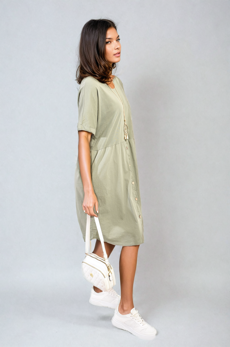 AILEEN Short Sleeve Button Front Midi Dress