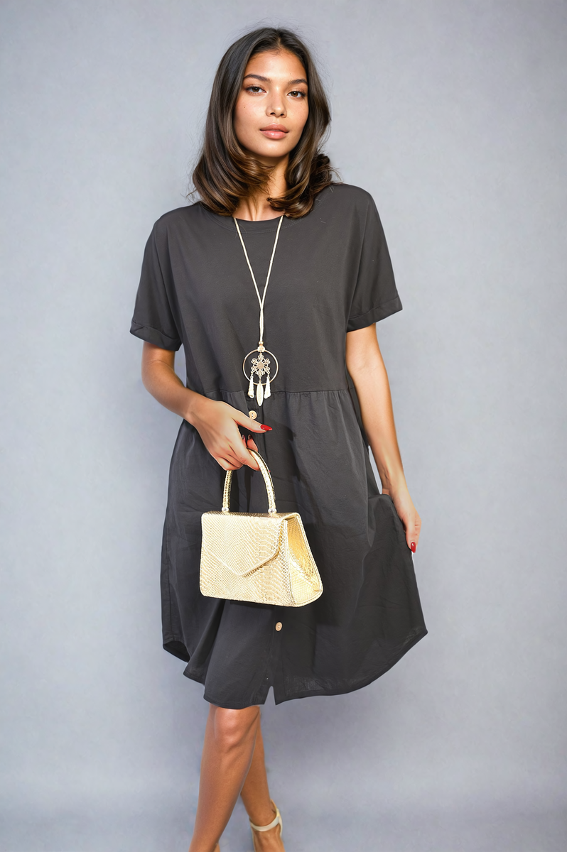 AILEEN Short Sleeve Button Front Midi Dress