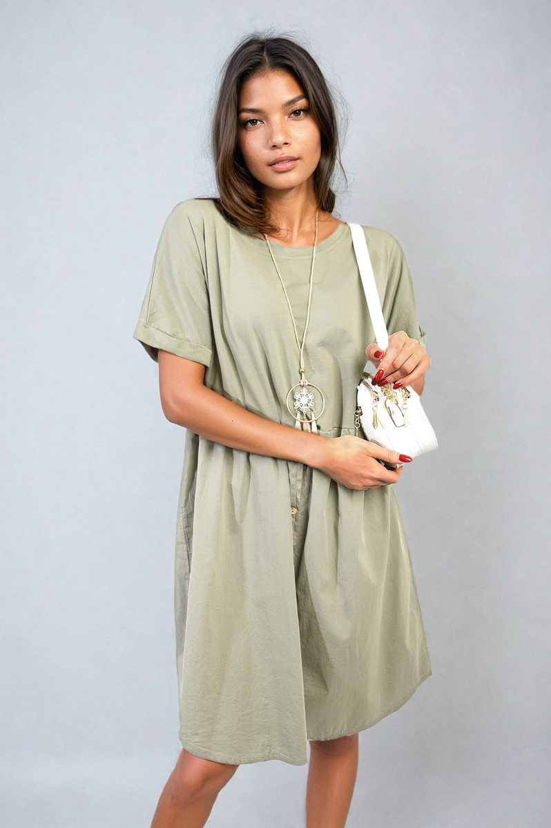 AILEEN Short Sleeve Button Front Midi Dress