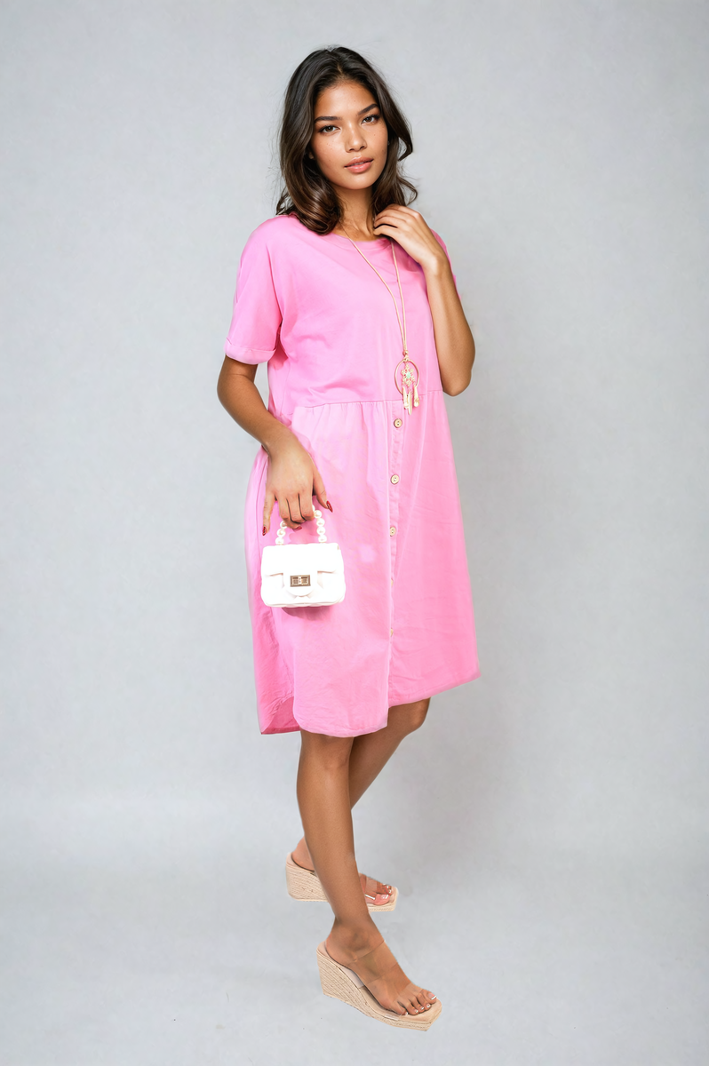 AILEEN Short Sleeve Button Front Midi Dress