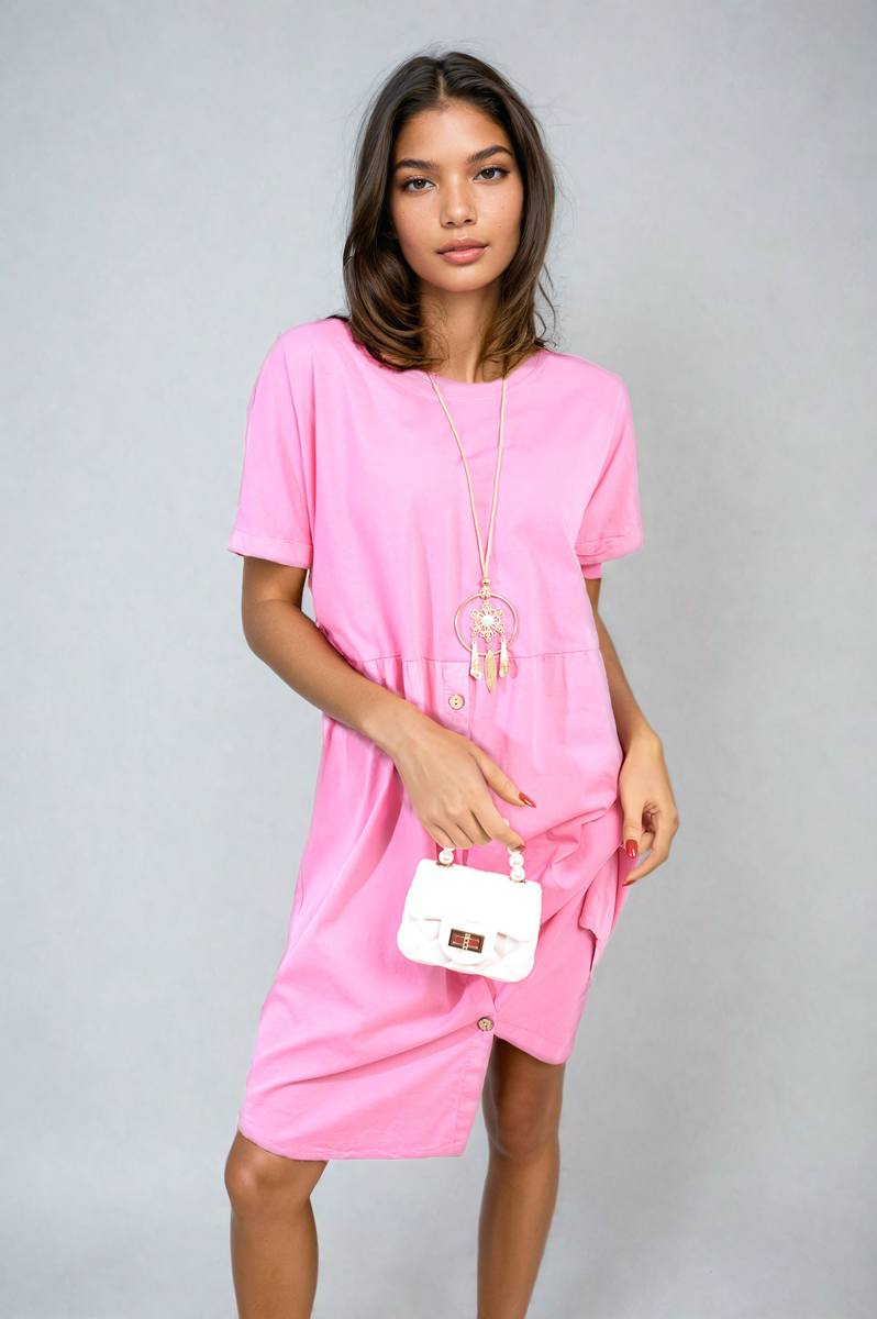 AILEEN Short Sleeve Button Front Midi Dress