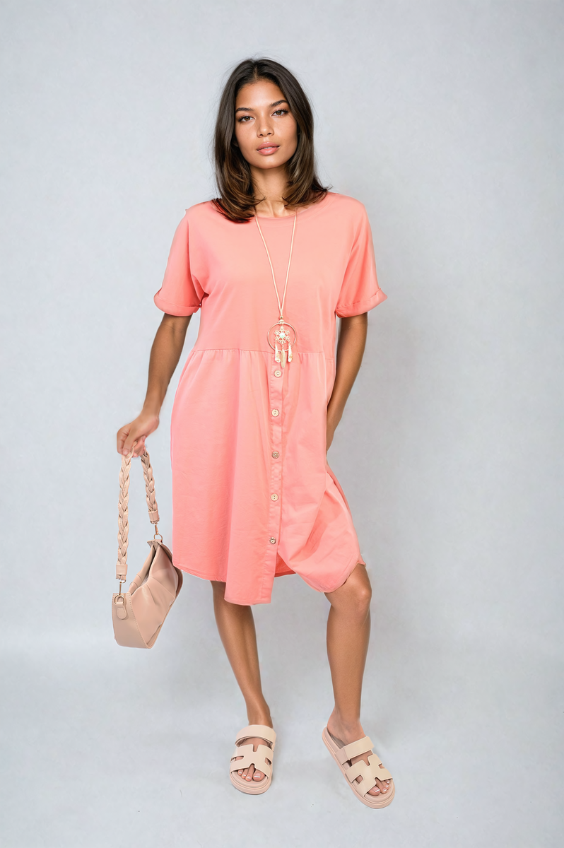 AILEEN Short Sleeve Button Front Midi Dress