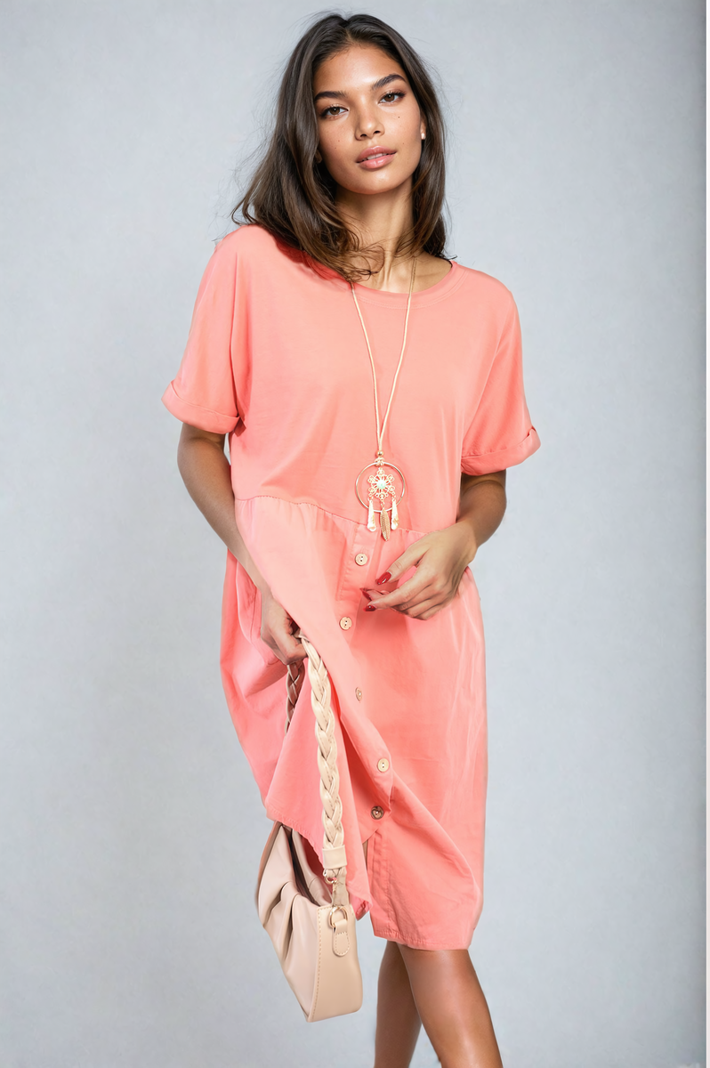 AILEEN Short Sleeve Button Front Midi Dress